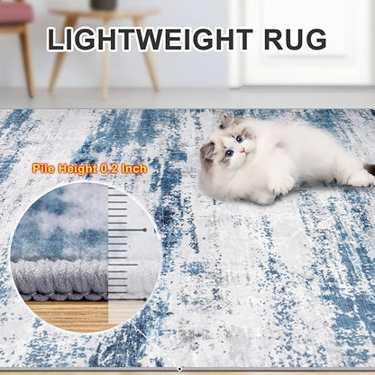 Area Rugs 10x12 Living Room - Washable Rug Modern Abstract Soft Large Neutral Non-Slip Carpet Indoor Floor Thin Carpets for Bedroom Dining Room Farmhouse Nursery Home Office White Blue Grey