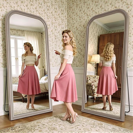Full Length Mirror with Stand, 71"x32" Full Body Mirror, Floor Length Mirrors Wall Mounted with Rounded Top, Large Standing Mirrors, PU Frame, for Bedroom Living Room Cloakroom, Antique Sliver