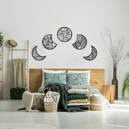 Jetec 5 Pcs Moon Phase Wall Art Decor Wall Pediments Hanging Wooden Phase Spiritual Bedroom Nordic Boho Lunar Aesthetic Art for Living Room Dorm Apartment Ornament(Black,10.6 Inch,Botanical)