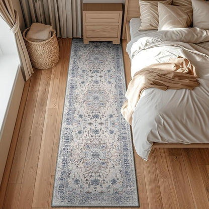 BESTSWEETIE 2x8 Area Rug Washable Rugs for Living Room, No Pile Boho Carpet for Entryway Bedroom Dinning Room, Vintage Carpet Print Distressed Non-Slip, 2 x 8 ft, Beige Blue