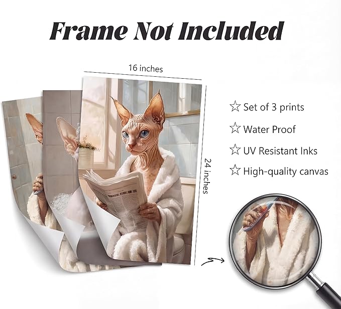 3pcs Funny Bathroom Cat Canvas Wall Art Sphynx Cat Posters Prints Paintings Eclectic Animal Bathroom Wall Decor Pictures for Restroom Toilet Home Decoration Unframed