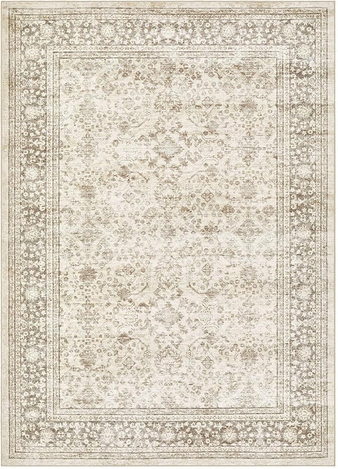 Area Rug 9x12 Washable Vintage - Soft Traditional Rugs for Living Room Large Non Slip Backing with Low Pile Farmhouse Oriental Retro Carpet for Bedroom Dining Room or Home Office - Yellowish Brown