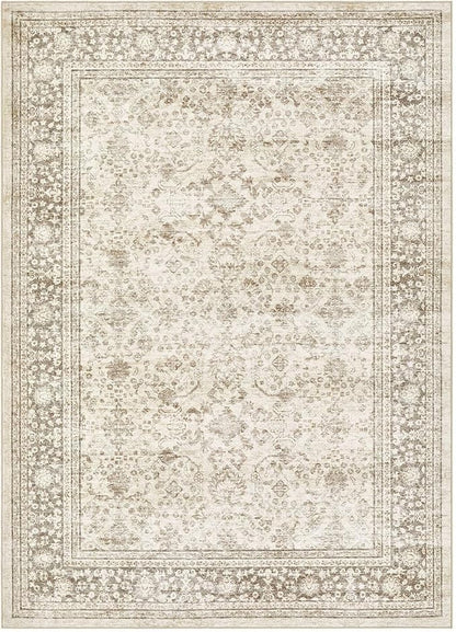 Area Rug 9x12 Washable Vintage - Soft Traditional Rugs for Living Room Large Non Slip Backing with Low Pile Farmhouse Oriental Retro Carpet for Bedroom Dining Room or Home Office - Yellowish Brown