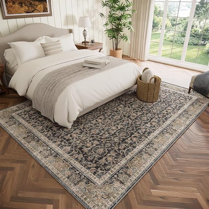 Washable 5x7 Area Rugs for Living Room, Boho Non-Slip Vintage Rugs for Bedroom Dining Room Nursery Office, 0.3" Neutral Oriental Throw Thin Carpet with Cushioning Pad, Black/Blue/Multi,A1