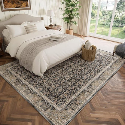 Washable 5x7 Area Rugs for Living Room, Boho Non-Slip Vintage Rugs for Bedroom Dining Room Nursery Office, 0.3" Neutral Oriental Throw Thin Carpet with Cushioning Pad, Black/Blue/Multi,A1