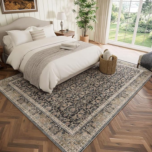 Washable 5x7 Area Rugs for Living Room, Boho Non-Slip Vintage Rugs for Bedroom Dining Room Nursery Office, 0.3" Neutral Oriental Throw Thin Carpet with Cushioning Pad, Black/Blue/Multi,A1