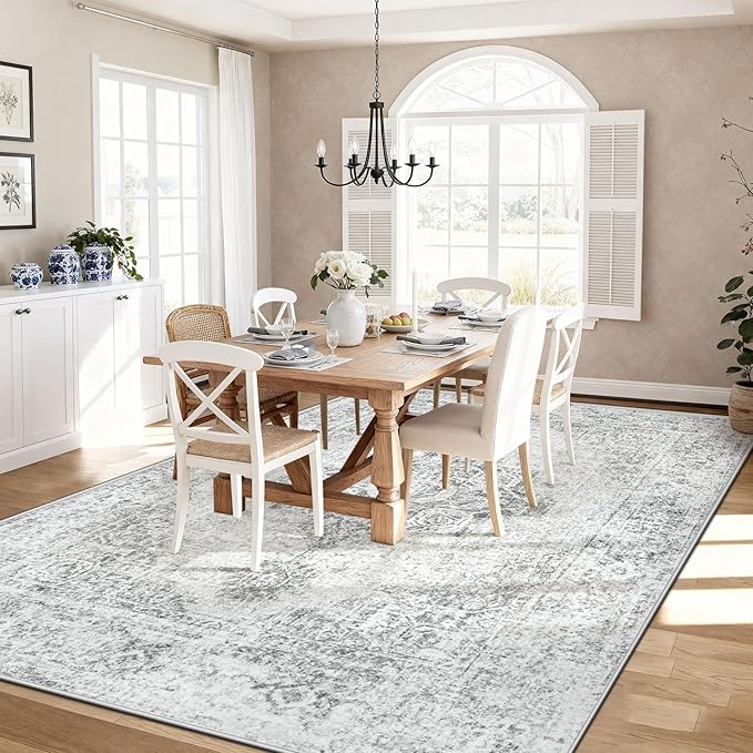 9x12 Area Rugs for Living Room, Washable Vintage Boho Medallion Rug Non Slip Low Pile Floor Carpet for Bedroom Dining Room Home Office (Grey, 9'x12')