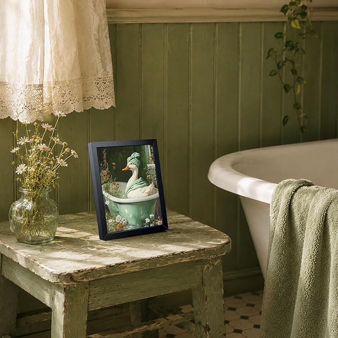 Funny Duck Bathroom Wall Art, Framed Canvas Print, Cute Duck in Bathtub Painting with Floral Water Scene, Whimsical Animal Art Oil Painting for Bathroom Restroom Home Wall Decor 8x10 Inch