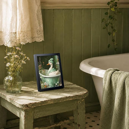 Funny Duck Bathroom Wall Art, Framed Canvas Print, Cute Duck in Bathtub Painting with Floral Water Scene, Whimsical Animal Art Oil Painting for Bathroom Restroom Home Wall Decor 8x10 Inch