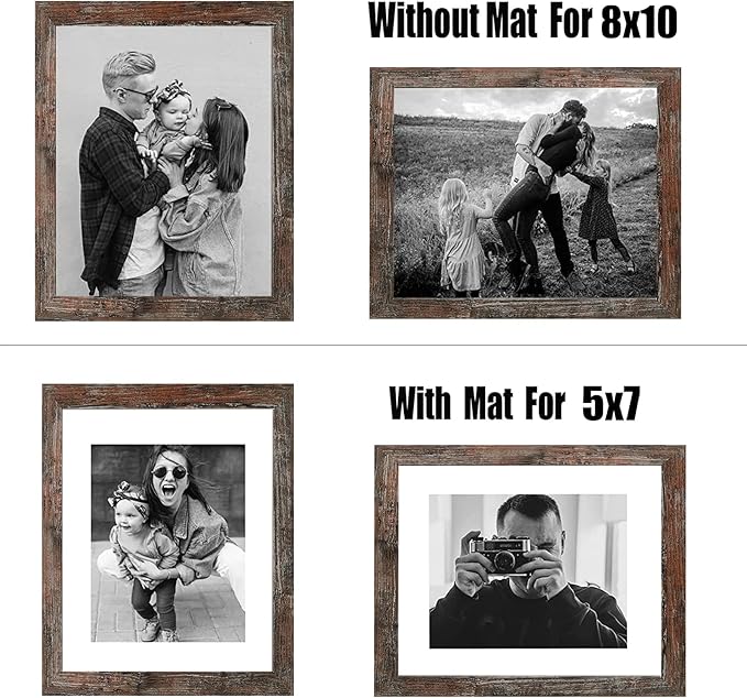 8x10 Picture Frame Rustic Brown Set of 6,Display Pictures 5x7 with Mat or 8x10 Without Mat for Wall Mounting or Table Top Display, Photo Frames Collage for Wall