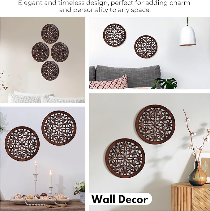 Woodify Hand-Carved Wooden Wall Décor – Set of 4, 12" x 12" Decorative Wood Panels, Floral Design, Natural Burnt Finish, Wall Art for Living Room & Home Décor
