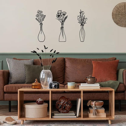 Sanwarm 3 Pieces Metal Flowers Wall Decor, Black Wall Art Decors Abstract Floral Vase Rustic Farmhouse Minimalist Hanging Decoration for Home Bathroom Living Room Bedroom Garden Office Gifts