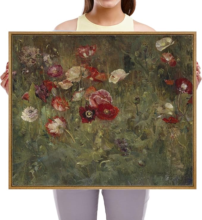 Pyradecor Vintage Wall Art Retro Large Framed Living Room Decor A Bed of Poppies Canvas Prints Classical Floral Painting for Bedroom Kitchen Farmhouse Office Decorations AH1110-5060NW