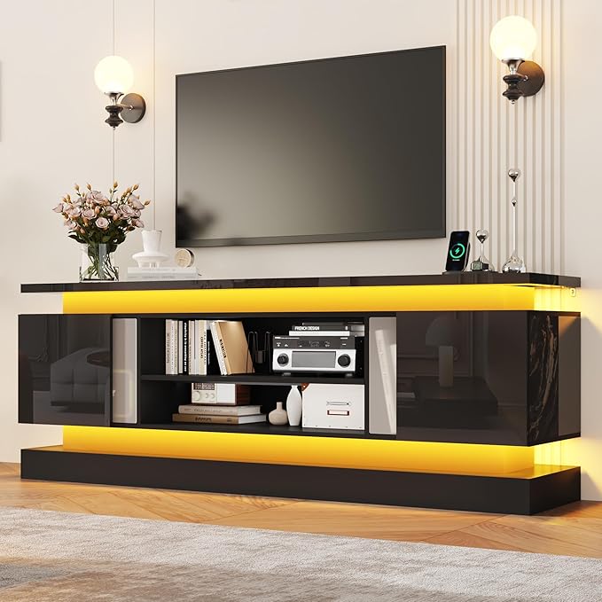 chartustriable 71IN LED TV Stands w/Power Outlet for 85/80/75 Inch TVs,High Glossy Modern Tall Entertainment Center TV Media Console Gaming with 2 Storage Cabinets,Dual LED Lights,Black