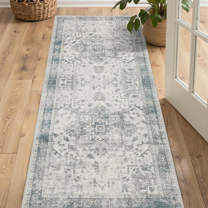 Rugxara 2x5 Hallway Runner Rug, Non Slip Boho Runner Rugs for Hallway, Kitchen, Entrance, Bathroom, Laundry Room, Soft Ultra-Thin Entryway Carpet, Throw Low Pile Retro Imitation Wool Carpet, Blue Grey
