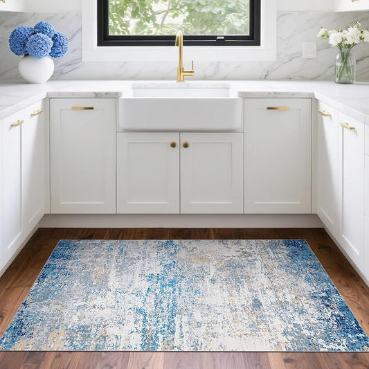 ROYHOME Modern Abstract 2x3 Area Rug Non Slip Non Shedding Low Pile Stain Resistant Rug for Entryway Kitchen Bedroom,Blue/Grey