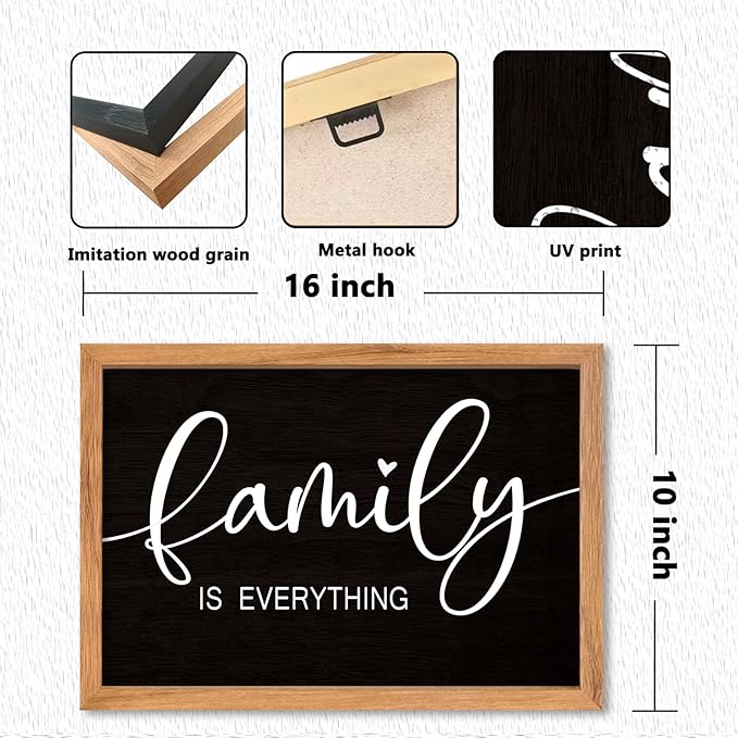 AuraPeak Family Is Everything Wall Decor Rustic Dining Room Sign for Horizontal Home Living Room Entryway Hallway Wood Hanging Plaque Wall Art Decoration (Wood Black 16"×10")