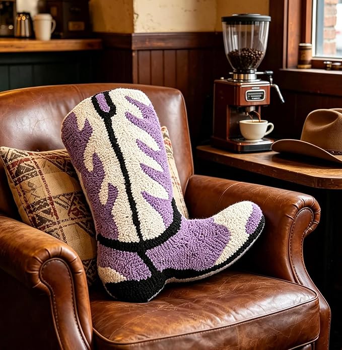 Moorfowl Cowboy Boot Throw Pillow Single-Sided Cute Novelty Accent Pillows Decorative Boot Shaped Stuffed Cushion for Bed Couch Chair Sofa (Purple)