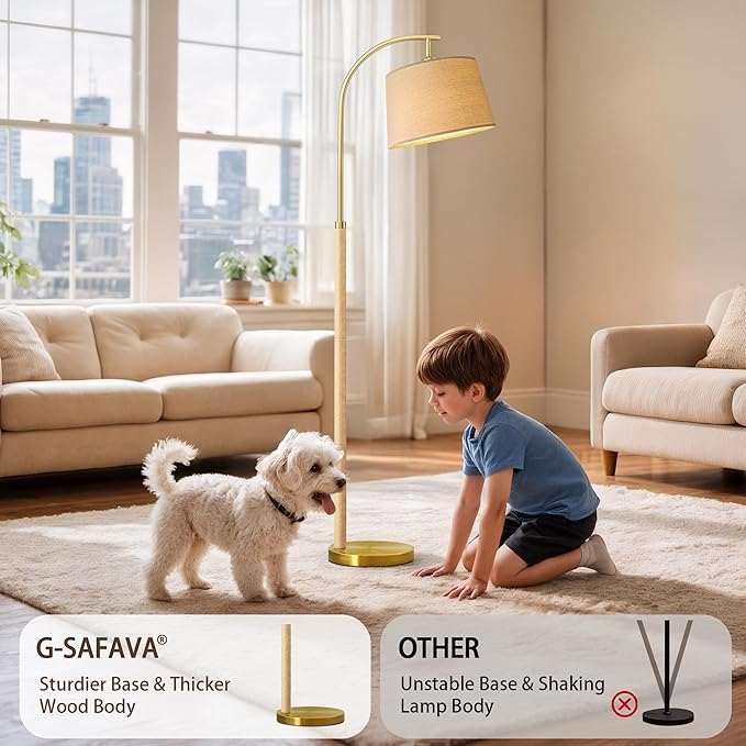 G-SAFAVA 63" Wood Floor Lamps for Living Room with Foot Switch Arc Tall Standing Lamp for Bedroom Mid Century Modern Corner Gold Floor Lamps for Office Nursery Industrial Reading Lamp, Natural Wood