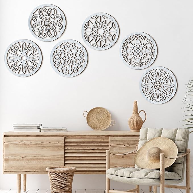 Ferraycle 6 Pieces Thicken Rustic Wall Decor Farmhouse Wall Art Wooden Round Art Hanging Decoration Hollow Carved for Living Room Bedroom Kitchen Office Apartment Hallway(Retro Grey)