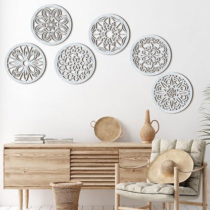 Ferraycle 6 Pieces Thicken Rustic Wall Decor Farmhouse Wall Art Wooden Round Art Hanging Decoration Hollow Carved for Living Room Bedroom Kitchen Office Apartment Hallway(Retro Grey)