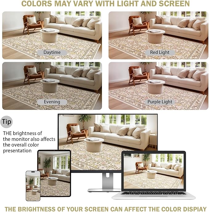 9x12 Floral Area Rug for Living Room Non Slip,Soft Low Pile Stain Resistant Washable Girls Bedroom Large Vintage Rugs,Beige/Multi