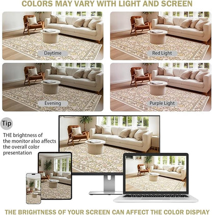9x12 Floral Area Rug for Living Room Non Slip,Soft Low Pile Stain Resistant Washable Girls Bedroom Large Vintage Rugs,Beige/Multi