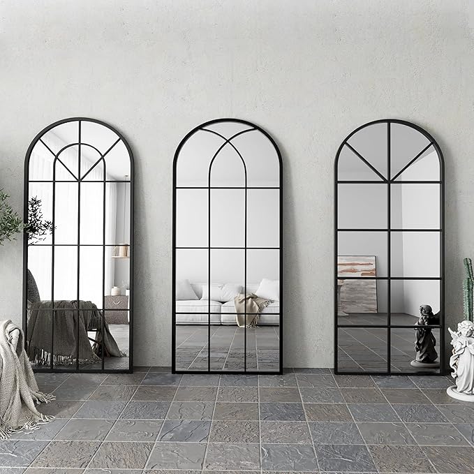 Mirror Full Length, 71"x32" Large Arched Mirror, Black Full Body Window Pane Mirrors, Oversize Farmhouse Standing Wall Mirrors Hanging or Leaning for Living Room, Entryway, No Stand