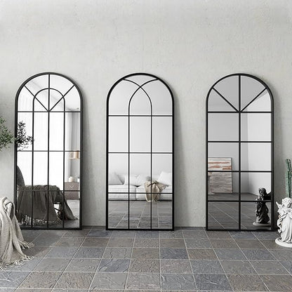 Floor Full Length Mirror, 71"x32" Large Arched Window Pane Mirror, Oversize Wall Full Body Mirrors, Black Farmhouse Standing Mirrors Hanging or Leaning for Living Room, Entryway, No Stand