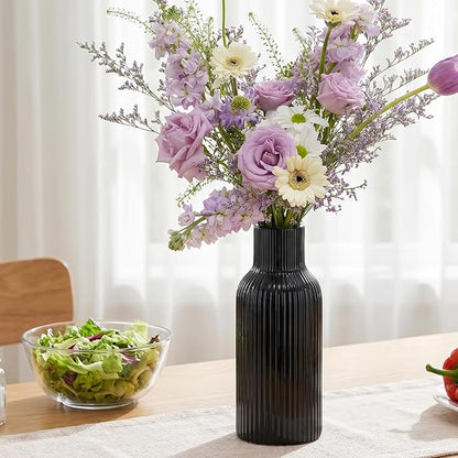 Large Black Tall Ceramic Vase,Modern Smooth Vertical Ribbed, Nordic Minimalist for Pampas Dried & Fresh Flowers, Home Decor for Living Room, Coffee Table, Bookshelf, Entryway, Farmhouse