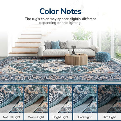 Lessymo Area Rug 5x7, Machine Washable Area Rugs, Super Soft Faux-Wool Area Rugs for Living Room Bedroom Kitchen, Boho Vintage Floral, Non-Slip Low Pile, Kid & Pet Friendly, Dark Green