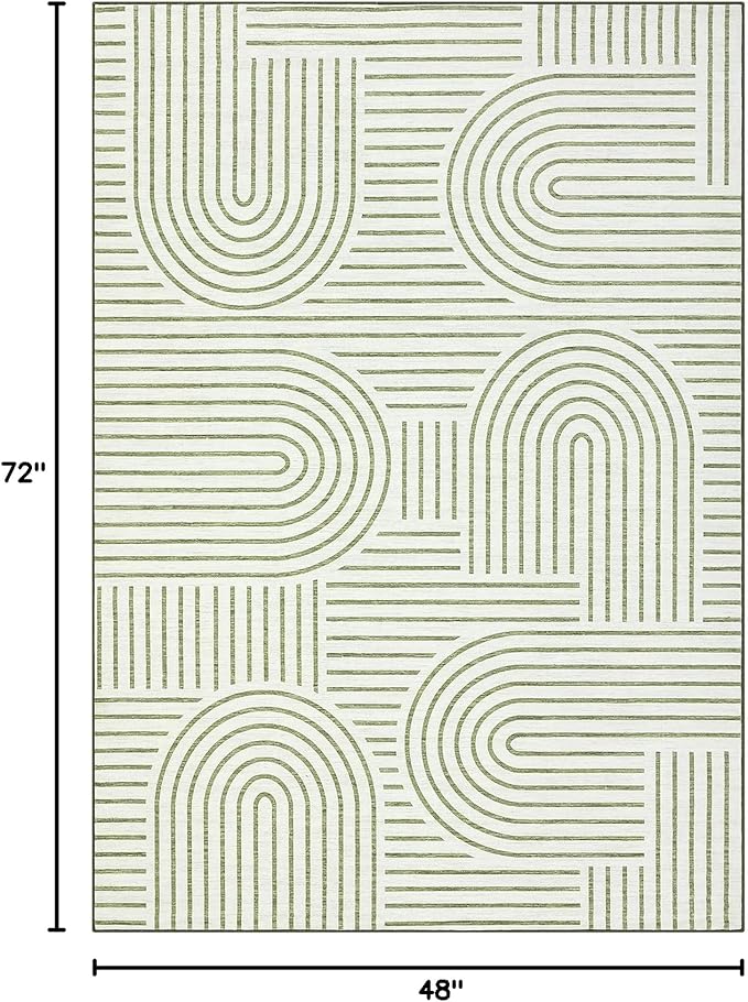 ROYHOME Washable Rug 4x6 Area Rugs for Living Room, Abstract Rug for Bedroom, Soft Rainbow Non Slip Throw Rugs with Rubber Back, Low Pile Stain Resistant Boho Geometric Carpet for Dining Room, Green