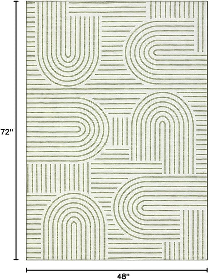 ROYHOME Washable Rug 4x6 Area Rugs for Living Room, Abstract Rug for Bedroom, Soft Rainbow Non Slip Throw Rugs with Rubber Back, Low Pile Stain Resistant Boho Geometric Carpet for Dining Room, Green