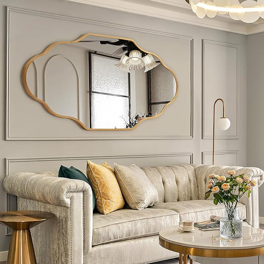 Scalloped Mirror for Bathroom - 26"x46" Gold Bathroom Mirror with Aviation Aluminum Alloy Frame & Shatter-Proof Glass for Living Room Bedroom Entryway, Brushed Gold Frame(x1)