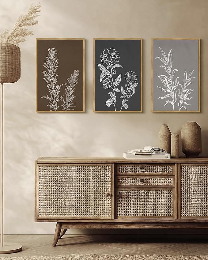 Drsoum Botanical Boho Vintage Flower Wall Art Framed Retro Floral Prints Wildflower Neutral Rustic Bohemain Artwork Kitchen Living Room Ready to Hang 16x24in Natural Framed