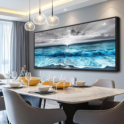 ERQINHUA Large Canvas Black Frame Wall Decor For Living Room Blue Sea Wave Ocean Painting Wall Art For Bedroom Office Dining room Decorations Beach Artworks Wall Pictures Modern Home Decor 32x72 In