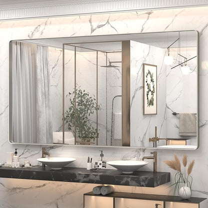 66x36 Inch Silver Bathroom Mirrors for Vanity, Brushed Nickel Metal Silver Framed Bathroom Mirror for Wall, Rounded Rectangle Silver Mirror, Anti-Rust, Shatterproof (Horizontal/Vertical)
