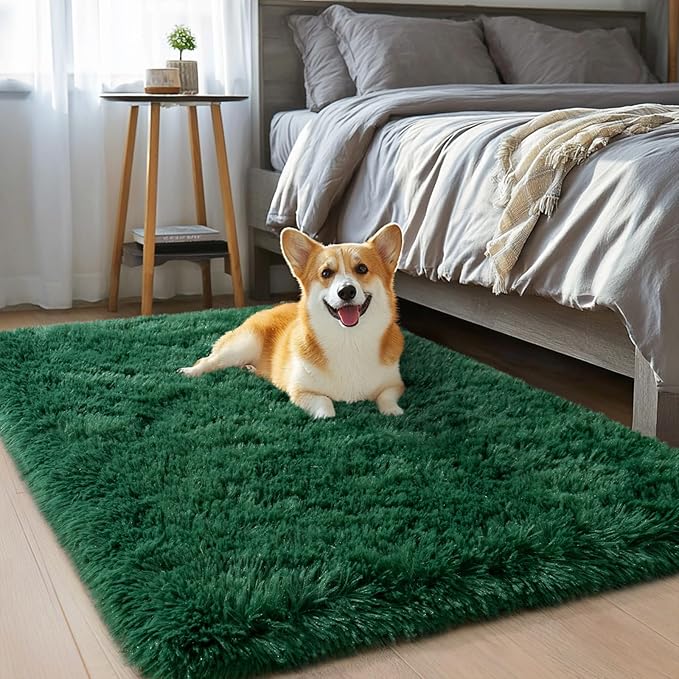 qulint Green Rug for Bedroom, Soft Fluffy 2x3 Area Rug for Living Room Shag Fuzzy Small Carpet for Kid Room, Plush Shaggy Alfombra for Boys and Girls Dorm Room Home Decor (2ft x 3ft, Dark Green)