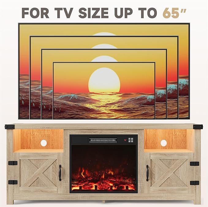 Furmax LED Entertainment Center with Fireplace, Fireplace TV Stand with Storage Cabinets and 2 Open Shelves, Modern Media TV Console for Living Room (Light Oak)