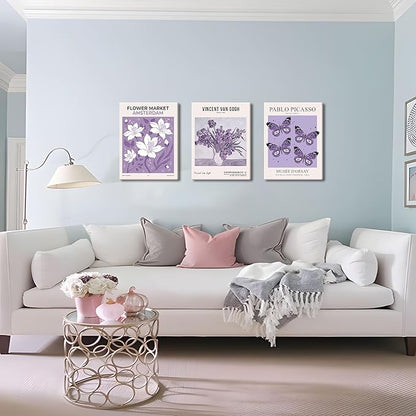 Van Gogh Canvas Wall Art Set of 3, Purple Lavender Flower Market Wall Decor Paintings, Picasso Butterfly Aesthetic Posters Prints Room Decor for Teen Girls Dorm Bedroom Bathroom 12x16In Framed