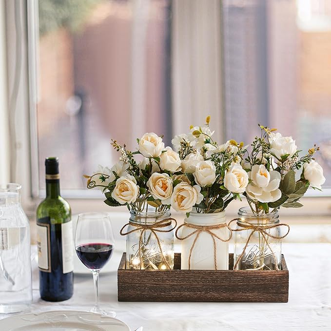 Centerpieces for Tables Coffee Table Centerpiece Decor with Wood Tray for Kitchen Decor Home Living Room Decor Rustic Farmhouse Decor,White