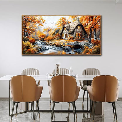 QIYILEXWART Canvas Wall Art For Living Room Wall Decor For Bedroom Office Wall Decoration Autumn Cottage River Landscape Painting Farmhouse Pictures Artwork Room Aesthetic Home Decor 20x40 In