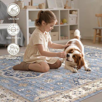 EIEIHOUSE Washable Area Rugs for Living Room -7x10 Neutral Vintage Distressed Floral Farmhouse Boho Large Soft Floor Rug Indoor Non Slip Carpet for Living Room Bedroom Dining Room Office - Blue