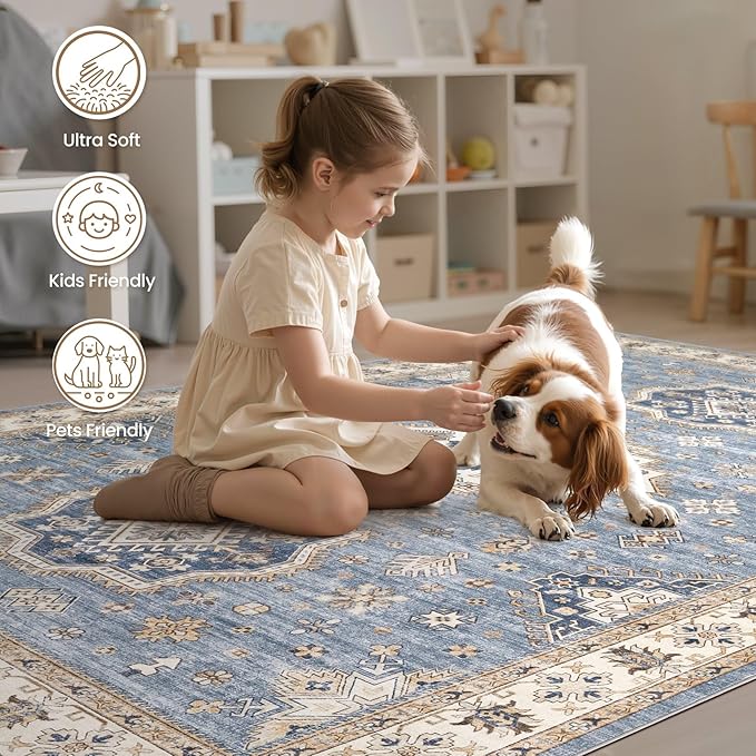 EIEIHOUSE Washable Area Rugs for Living Room - 7x9 Neutral Vintage Distressed Floral Farmhouse Boho Large Soft Floor Rug Indoor Non Slip Carpet for Living Room Bedroom Dining Room Office - Blue