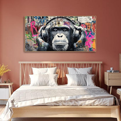 Sorbrozo DJ Gorilla Street Art Print - Colorful Graffiti Canvas Painting with Headphones Urban Animal Wall Decor for Boys Room Music Lover Gift 24x48in