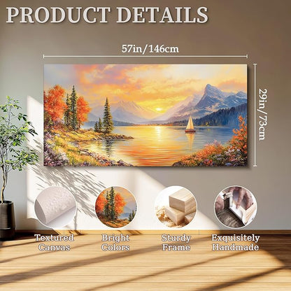 SERIMINO Autumn Landscape Wall Art, Lake Sunset Canvas Extra Large Artwork, Mountain Forest Boat Nature Art Prints, Modern Wall Pictures for Living Room Bedroom, Rustic Farmhouse Wall Decor 29"X57"