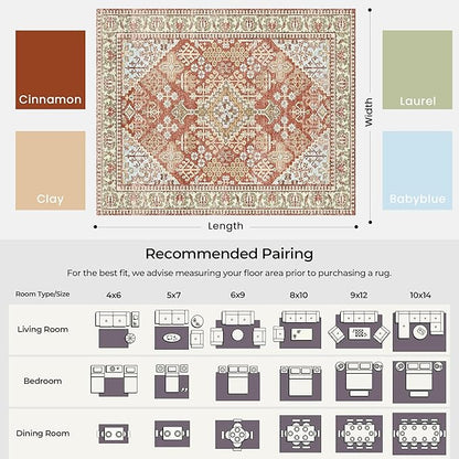 Kokia 8x10 Area Rugs for Living Room, Machine Washable Low Pile Rug, Non Slip Backing Boho Rugs for Bedroom, Printed Soft Vintage Carpet Orange 8 x 10