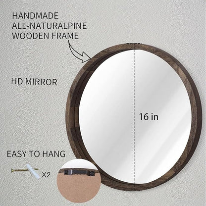 JJUUYOU Circle Wall Mirror 16 Inch Round Wall Mirror for Bathroom, Farmhouse Brown Circular Mirror Washroom Wall Decor Wood Frame Mirror for Living Room, Bedroom, Dorm Decorative