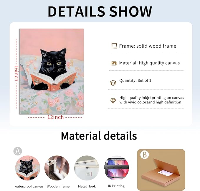 Framed Cats Canvas Wall Art, Funn Black Cat Reading Books Picture Wall Decor, Pink Vintage Animal Poster Prints for Girls Room Bedroom Kids Room Living Room Bathroom Decor 12x16 inch