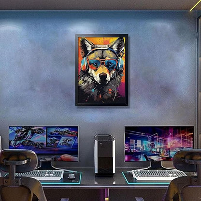 Cool Wolf Wall Art Framed Canvas Print, Wolf Wearing Sunglasses and Headphones Pop Art Poster, Vibrant Graffiti Music King Animal Painting for Boys Room Bedroom Gaming Room Home Decor 12x16 Inch
